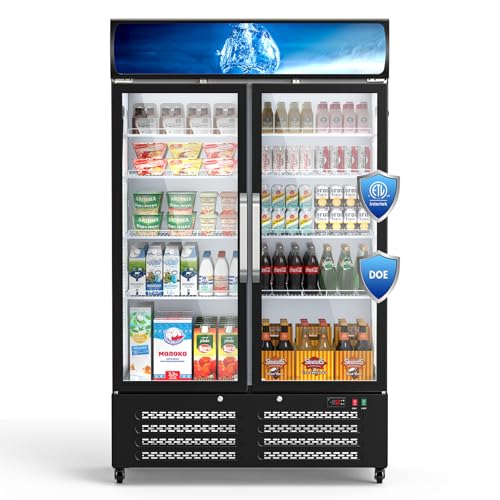 28 Cu Ft Commercial Refrigerators Double Glass Doors,1.86kwh/24h Display Beverage Upright Fridge with Front LED Light & Built in LED Strip,Built-in Circulation Fan,Rapid & Stable Cooling,Low Noise