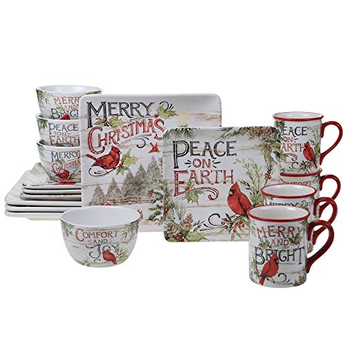 Evergreen Christmas 16-Piece Dinnerware Set – Ceramic Holiday Plates, Bowls & Mugs with Cardinal & Script Design – Service for 4 – Festive Dining for Christmas Gatherings