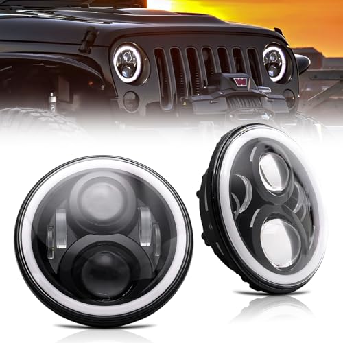 LLPTA 2pcs 7" DOT Round Halogen LED Projector H4 Headlights Hi/Lo Sealed Beam Conversion Kit - Compatible with Jeep Wrangler JK JKU TJ LJ - For Models W/ 6012 6014 6015 H6017 H6024