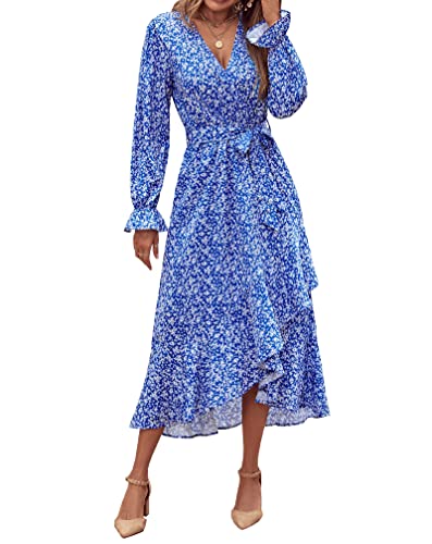 BTFBM Casual Dresses for Women Summer Spring Wrap V Neck Long Sleeve Ruffle Flowy Floral Maxi Boho Wedding Guest Dress(White Floral Bright Blue, Medium)