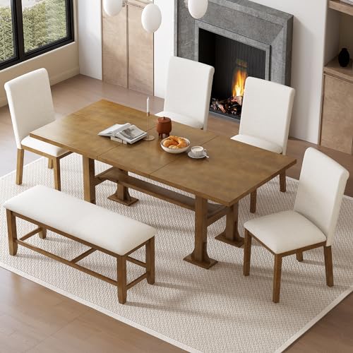 Ball & Cast 58"-76" Extendable Farmhouse Dining Table Set for 6-8, 6-Piece Trestle Kitchen-Table with 18" Leaf & Upholstered Chairs + Bench, Modern Expandable Wood Dining Breakfast Nook, Light Brown