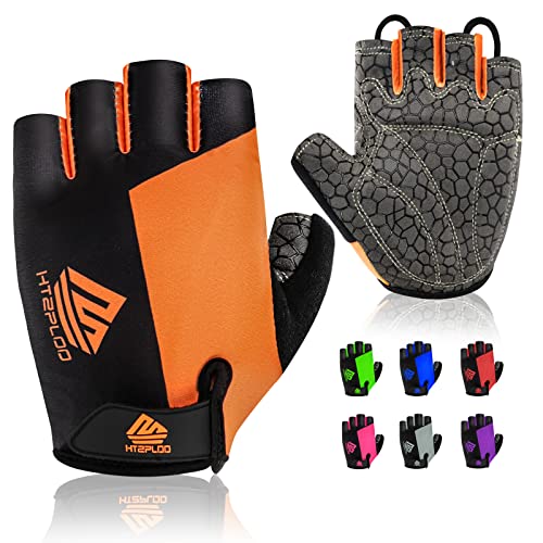 HTZPLOO Bike Gloves for Men & Women with Anti-Slip, Shock-Absorbing Pad, Light Weight, Nice Fit, Half Finger Bicycle Gloves (Black&Orange, Medium)