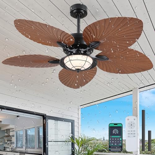PHORUS 52" Waterproof Outdoor Palm Leaf Ceiling Fans with Lights and Remote,Wet Rated Tropical Ceiling Fans for Patios Porch Gazebo Pergola