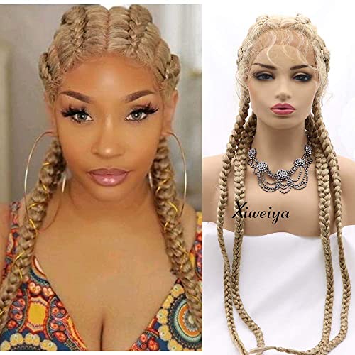 xiweiya Extra Long Mixed Blonde Braided Lace Front Wig 4Braids Box Braids Gold Cornrow Braided Wig with Baby Hairs Afro Braids Crochet Braids Hair Natural Hairline Xpression Braiding Hair For Women