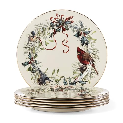 Lenox 835219 Winter Greetings 6-Piece Dinner Plate Set, 10.75', Christmas Drinkware, Holiday Hosting