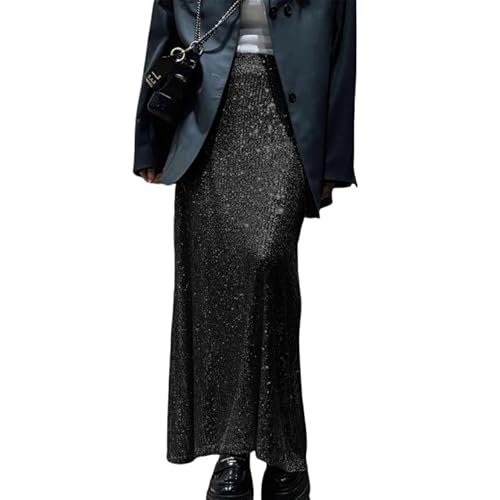 Women's Shiny Sparkly Sequin Maxi Skirt Sexy Glitter High Waist Stretchy Long Skirts Night Out Bodycon Party Clubwear Black
