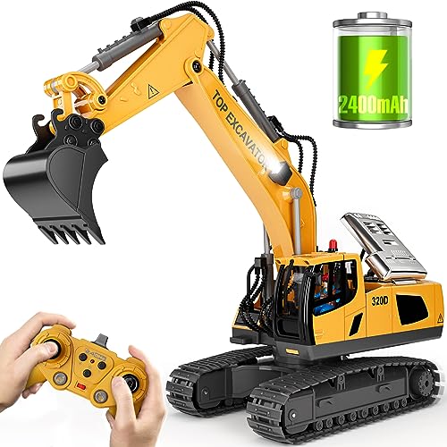 Remote Control Excavator Construction Toys for Boys, 2×1200mAh RC Excavator Toy with Metal Shovel & Light, 11CH Excavator Toys for Boys 3-5 4-7 8-12 Year Old Kids 2024 Christmas Birthday Gift,120+Mins