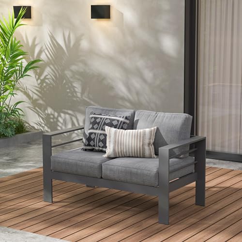 Wisteria Lane Patio Furniture Aluminum Loveseat, All-Weather Outdoor 2 Seats Sofa Couch, Gray Metal Chair with Dark Grey Cushions