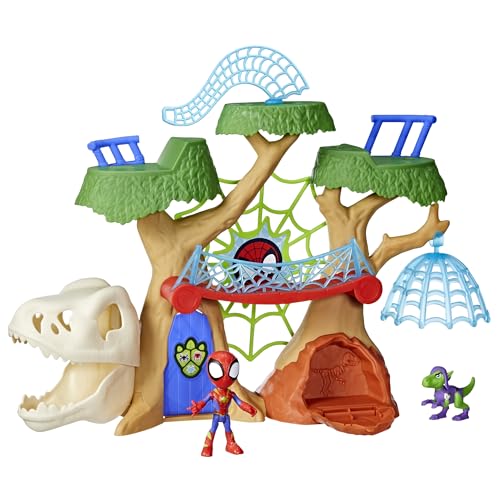 Marvel Spidey and His Amazing Friends Dino-Webs Treehouse Playset, Spider-Man & Goblin Raptor 4-Inch-Scale Action Figure Set, Ages 3 & Up