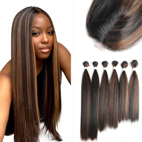 X-TRESS Synthetic Hair Bundles with Closure Black Ombre Medium Brown Balayage Yaki Straight Weft Weave Swiss Lace Hair Extension Heat Resistant