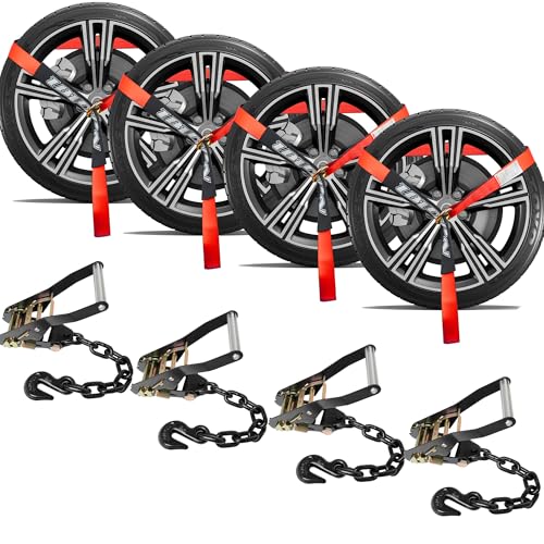 IBITION 4 Pack Car Tie Down Straps for Trailers with Heavy Duty Chain Anchors 2" x 96" - 3,300 lbs Safe Working Load -Adjustable Wheel Straps with Chain Hook Anchors for Trailers.Red