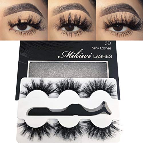 Mikiwi Real Mink lashes, 3D Mink Lashes, 5D Mink Lashes, Fluffy Long Mink Eyelashes, Dramatic Lashes, Luxury Makeup, Valentine's Day Gifts eyelashes (3pairs-a)