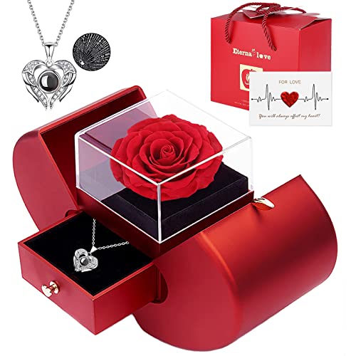 Preserved Real Rose with I Love You Necklace 100 Languages, Gifts for Girlfriend, Women, Mom, Wife