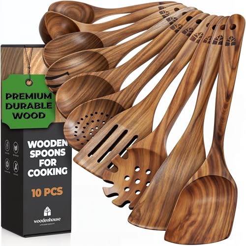 WOODENHOUSE LIFELONG QUALITY Wooden Spoons for Cooking, 10 Pcs Wooden Cooking Utensils Set – Wooden Utensil Set for Nonstick Pans & Cookware – Teak Wood - Sturdy, Lightweight & Heat Resistant