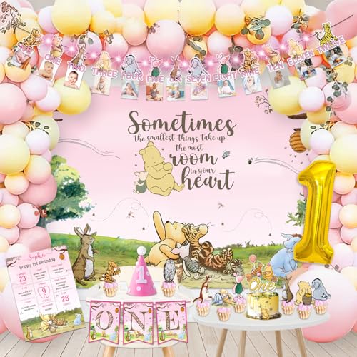 Classic Winnie 1st Birthday Decorations - 117 Pcs Vintage Girl Theme, Includes Winnie Decorations