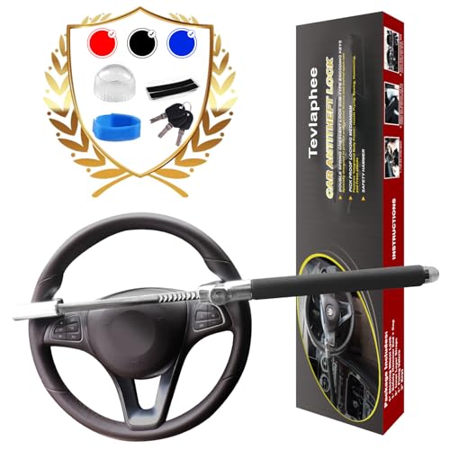 Tevlaphee Steering Wheel Lock Anti Theft Car Device Universal Theft Prevention Car Lock Adjustable Double Hook Emergency Hammer Window Breaker Self Defense Heavy Duty Secure (Black)