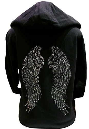 Black and Silver Rhinestone Angel Wings Long Sleeve Hooded Zipper Sweater Black (XL)