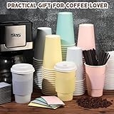 Bokon 100 Pack Disposable Coffee Cups with Lids 16 oz Paper Coffee Cups Bulk with Sleeves Stirring Straws Set Pink Cute Disposable Drinking Mug for Hot Cold Beverage Party, 4 Colors