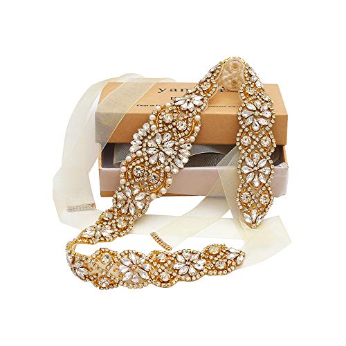 yanstar Bridal Rhinestone Wedding Belts Hand Clear Crystal 22In Length with Ivory Organza Ribbon for Bridal Gowns