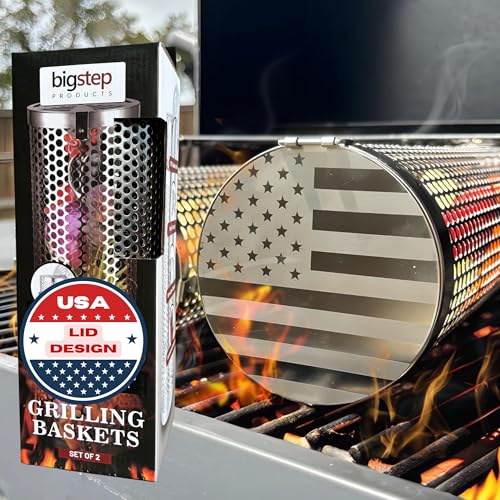 BigStep Large Capacity Round Grilling Baskets (2 Pcs) with Snap-Fit Latch - XL Grill Basket with USA Flag engraving - Includes Heat-Resistant Grilling Glove and Lifting Hook