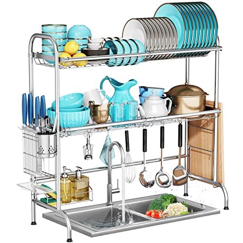 MOUKABAL Dish Drying Rack - Stainless Steel Over The Sink Dish Drying Rack (Expandable Length), 2 Tier Large Dish Rack with Utensil Holder, 32.3" - 33.9"(L) x 11.4"(W) x 32.3"(H) Silver