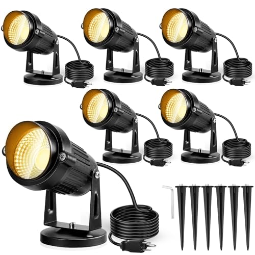 LemonBest Landscape Lights - 5W 110V Outdoor Spotlight - Waterproof IP65-3000K Warm White LED Landscape Lights - 5ft Cable for Yard Garden Patio Driveway House (Include Spike) (6 Pack)