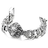 COOLSTEELANDBEYOND Mens Large Steel King Lion Head Tribal Tattoo Pattern Fancy Curb Chain Bracelet, Biker