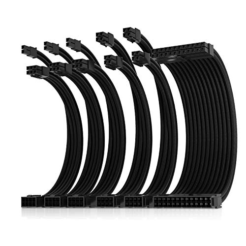 Asiahorse 16AWG Pro Power Supply Sleeved Cable for Power Supply Extension Cable Wire Kit 1x24-PIN/ 2x8-PORT (4+4) M/B,3x8-PORT (6+2) PCI-E 30cm Length with Combs(Dual EPS Black)