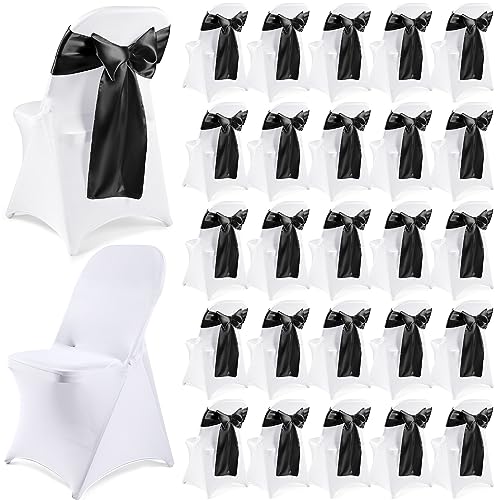 Lounsweer 50 Pcs Folding Chair Cover Set with 25 Stretch Spandex Slipcovers 25 Satin Chair Sashes Bows Ribbon Washable Banquet Protector for Wedding Event Party(White, Black)