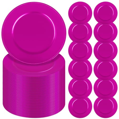 YMHPRIDE 60 Pack Hot Pink Plastic Reusable Dinner Charger Plates, 13'' Round Beaded Chargers Plates Vintage Table Decoration for Elegant Dining - Ideal for Weddings and Formal Events