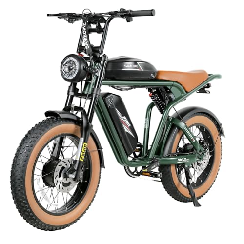 SAMEBIKE Adult Electric Bike & Dirt Bike with Dual Motor & Dual Battery, 4.0" All Terrain Fat Tire E-Bike, 3000W Peak, 34 MPH, 180 Miles Range, 48V 1728WH, 7-Speed Electric Motorcycle (Forest Green)
