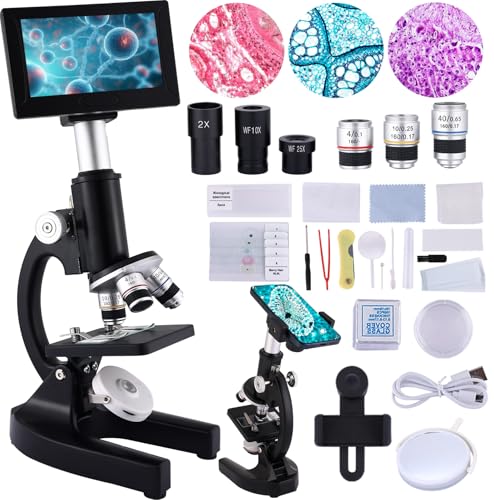 OOZSTAR Microscope 40X-2500X Magnification with 4.3-inch Display, Wide-Angle 10X and 25X eyepieces, and Built-in 5-megapixel Camera for School Labs, Animal Husbandry (Black)