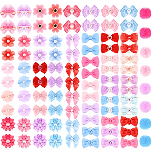 Jexine 100 Pcs/ 50 Pairs Dog Hair Bows with Rubber Bands Puppy Hair Bows Grooming Accessories Multicolor Small Pet Handmade Bowknot for Puppy Pet Girl Female Accessories