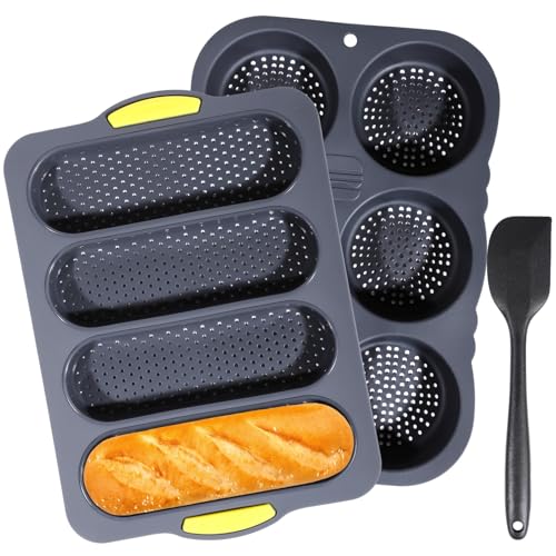 OMISTAR 3 PCS Silicone Baguette Pan and Hamburger Bun Pan Set,Non-stick French Bread Baking Mold,4 Wave French Bread Baking Tray,6 Cup Hamburger Bun Mold with Scraper