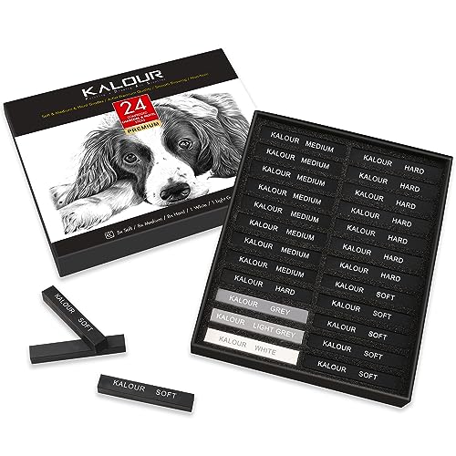 KALOUR 24 Pro Charcoal Drawing Set - Soft,Medium,Hard Charcoal and White Charcoal - Charcoal Sticks for Drawing Sketching Shading - Art Supplies Gift for Artists Beginners Adults