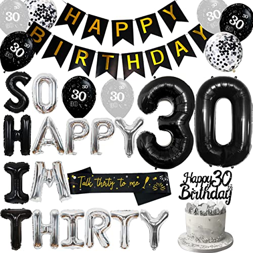 Cheereveal 30th Birthday Decoration Black and Silver So Happy I’m Thirty Funny 30th Birthday Balloons for Men Women Talk Thirty to Me Sash Number 30 Foil Balloon Glitter Cake Topper