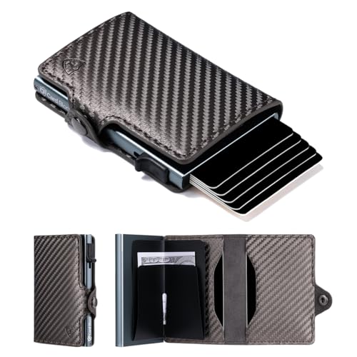 Card Blocr Pop Up Credit Card Wallet, RFID Blocking Credit Card Holder for men, Compact Card Holder Wallet for Secure Storage (Carbon Fiber Style Black & Titanium)