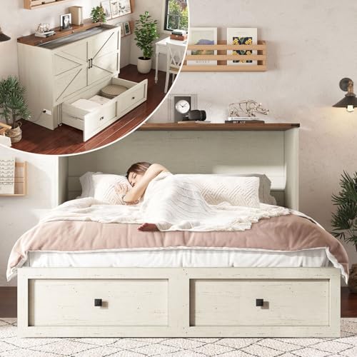 AMERLIFE Queen Murphy Bed with Storage & Charging Station, Farmhouse Murphy Cabinet with Foldable Panel, Noisy Free, for Guest Bedroom, Living Room, Office, Distressed White & Barnwood