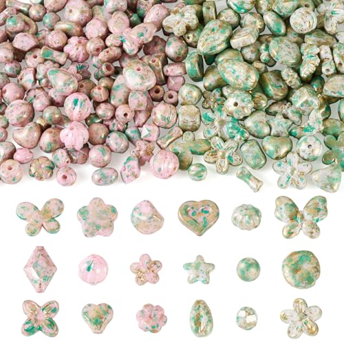 Beadthoven 100G Assorted Vintage Acrylic Beads Opaque Flower Star Butterfly Beads Gold Plating Bohemia Aesthetic Beads Plastic Loose Beads for Jewelry Making Bracelet Necklace DIY Crafts Pink Green