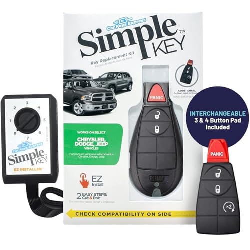 Simple Key, Key Fob and Key Programmer with Interchangeable 3 & 4 Button Keypads Compatible for Select Chrysler, Dodge, Jeep, Ram, Volkswagen Vehicles, Simple Key Replacement Kit