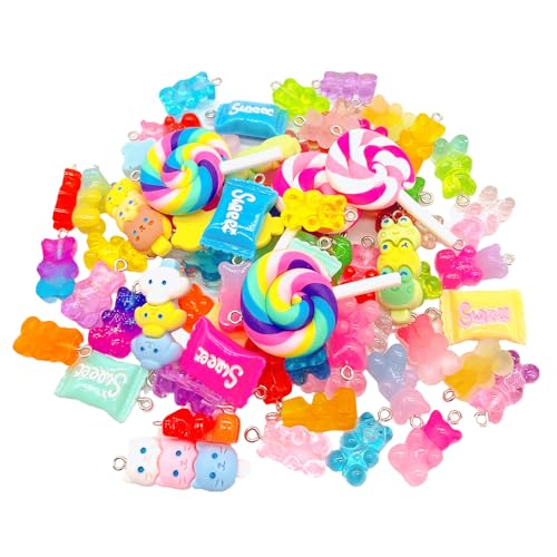 CHCUTEILD Bulk Assorted Resin Candy Pendant,Grandient 3D Gummy bear Charms for Jewelry Necklace Earrings Bracelet Art Craft Project Making (70pcs with hole)