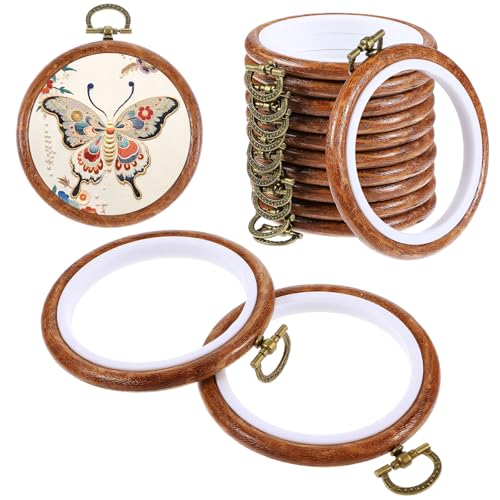 10 Pcs Round Embroidery Hoops Frame, Adjustable Circle Embroidery Hoop Ring, Circle Rubber Hoops Ring Display Ornament Imitated Wood Frame Kits for Craft Sewing DIY Hanging Gifts