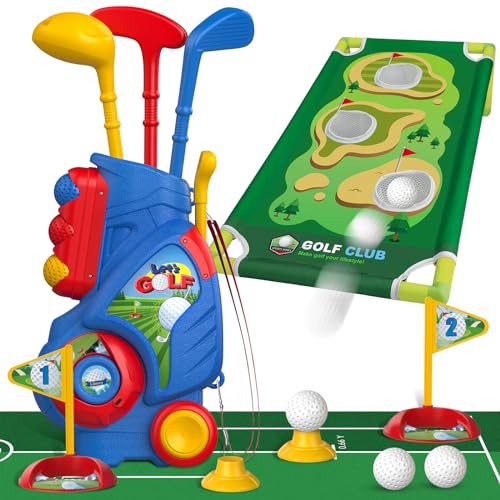 Liberry Toddler Golf Set for 2 3 4 5 Years Old Boys Girls, Upgraded Kids Golf Cart with Golf Cornhole Board & Putting Mat, Indoor and Outdoor Golf Toys Birthday Gift