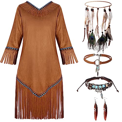 Foaincore 5 Pcs Native Indian Costume Set American Maiden Native Princess Costume Supplies for Halloween(XX-Large)