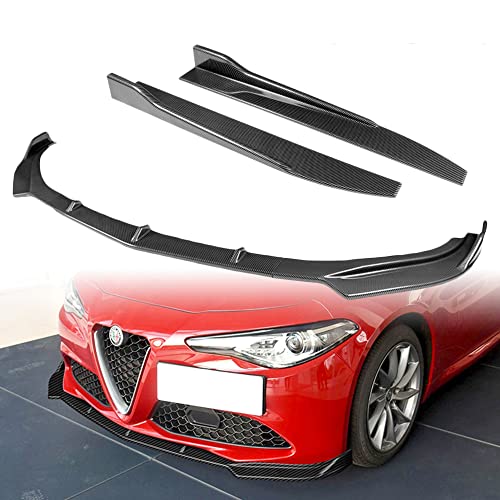 Q1-TECH, 5PCS Front Bumper Lip + Side Skirt Rocker Winglet Canard Diffuser Wing Compatible with 2017 - 2021 Alfa Romeo Giulia , Front Bumper Lip Spoiler Air Chin Body Splitter ABS (Painted Carbon)