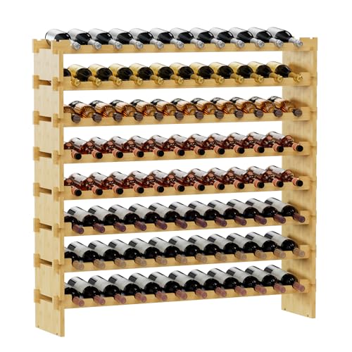 Bambloom Wine Rack Freestanding Floor, Stackable Wine Bottle Storage, Wooden Free Standing Wine Stand Organizer for Kitchen,Cellar. 96 Bottles Wine Holder Display Shelves for Champagne(Bamboo)