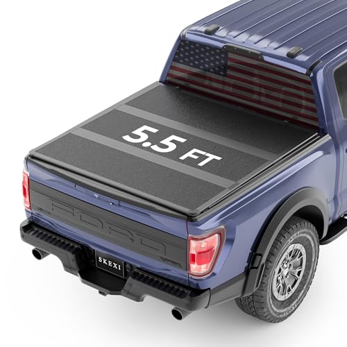 SKEXI FRP Hard Tri Fold Truck Bed Cover Fits for Ford F150 2015-2025 with 5.5ft Bed (67.1") Heavy-Duty Lock Hard Folding Drill-Free Tonneau Cover Waterproof Fiberglass Design & Anti-Theft Security