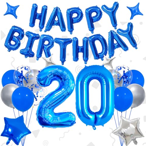 32 Inch 20 Balloon Numbers, Happy Birthday Balloon Banner 16 Inch Mylar Foil Letters Balloons Blue and Silver Balloons for 20th Birthday Decorations for Boys Blue Party Decorations (Blue-20)