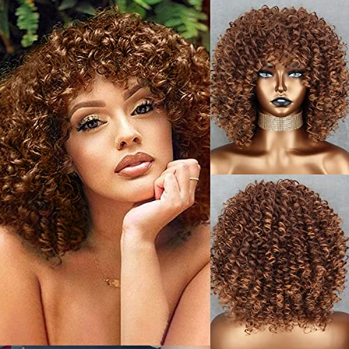 Xinran Brown Curly Afro Wig for Black Women,Short Kinky Curly Wig with Bangs,Synthetic Afro Full Hair Wig 14inch(Light Brown)