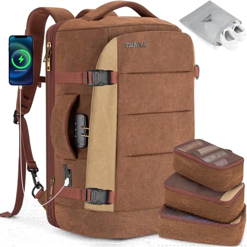 Tzowla 40L Canvas Travel Laptop Backpack for Men Women Carry on Flight Approved,Large Capacity Anti Theft Backpacks with USB Port,Vintage Business Rucksack Bag Fit 17.3 Inch Laptop(Brown & Khaki)